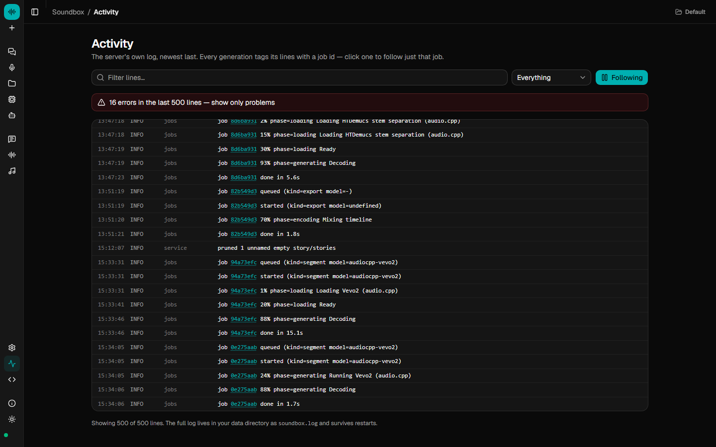 The Activity page log: job 94a73efc enters phase=loading "Loading Vevo2 (audio.cpp)" at 15:33:31, reaches Ready at 15:33:41, decodes, and is done in 15.1s. Job 0e275aab at 15:34:05 has no loading phase at all — straight to phase=generating "Running Vevo2" — and is done in 1.7s.