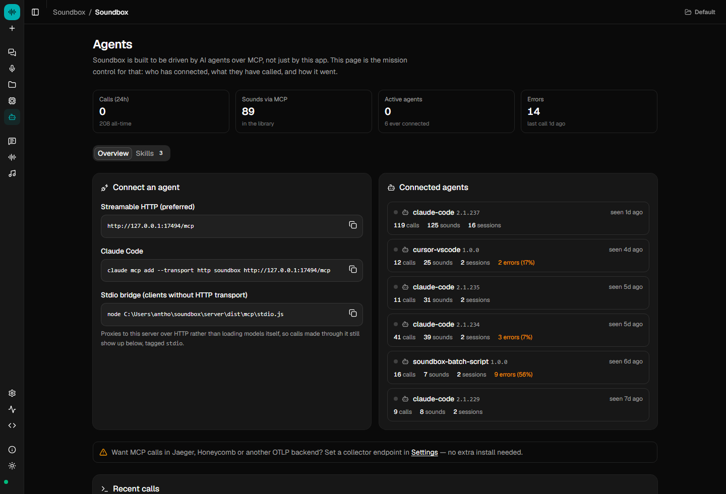 The Soundbox Agents page: connected clients listed with their names and versions, their call counts and error rates, above the three connect commands with the stdio path already resolved for the running install